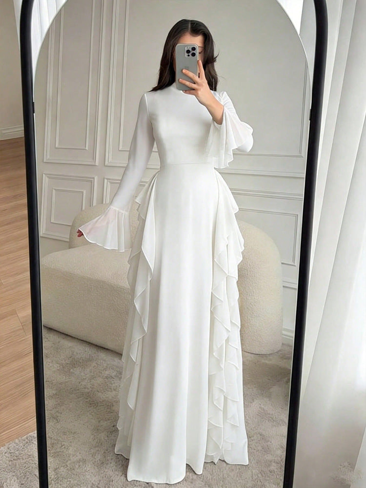 Elegant Casual High-Waisted Solid-Color Flare-Sleeve Dress For Party Outfits - Rockint