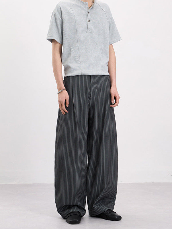 Retro Pleated Striped Baggy Wide Leg Trousers