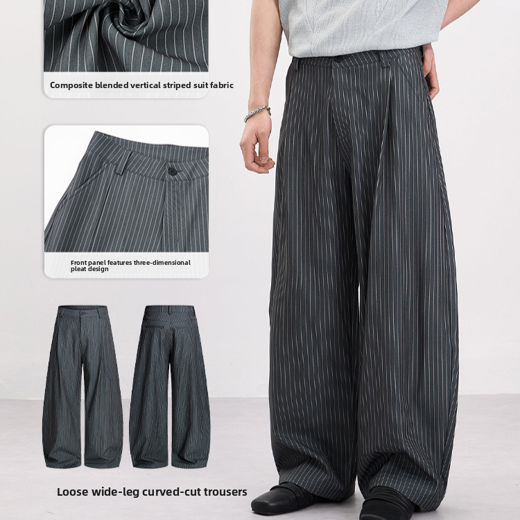Retro Pleated Striped Baggy Wide Leg Trousers