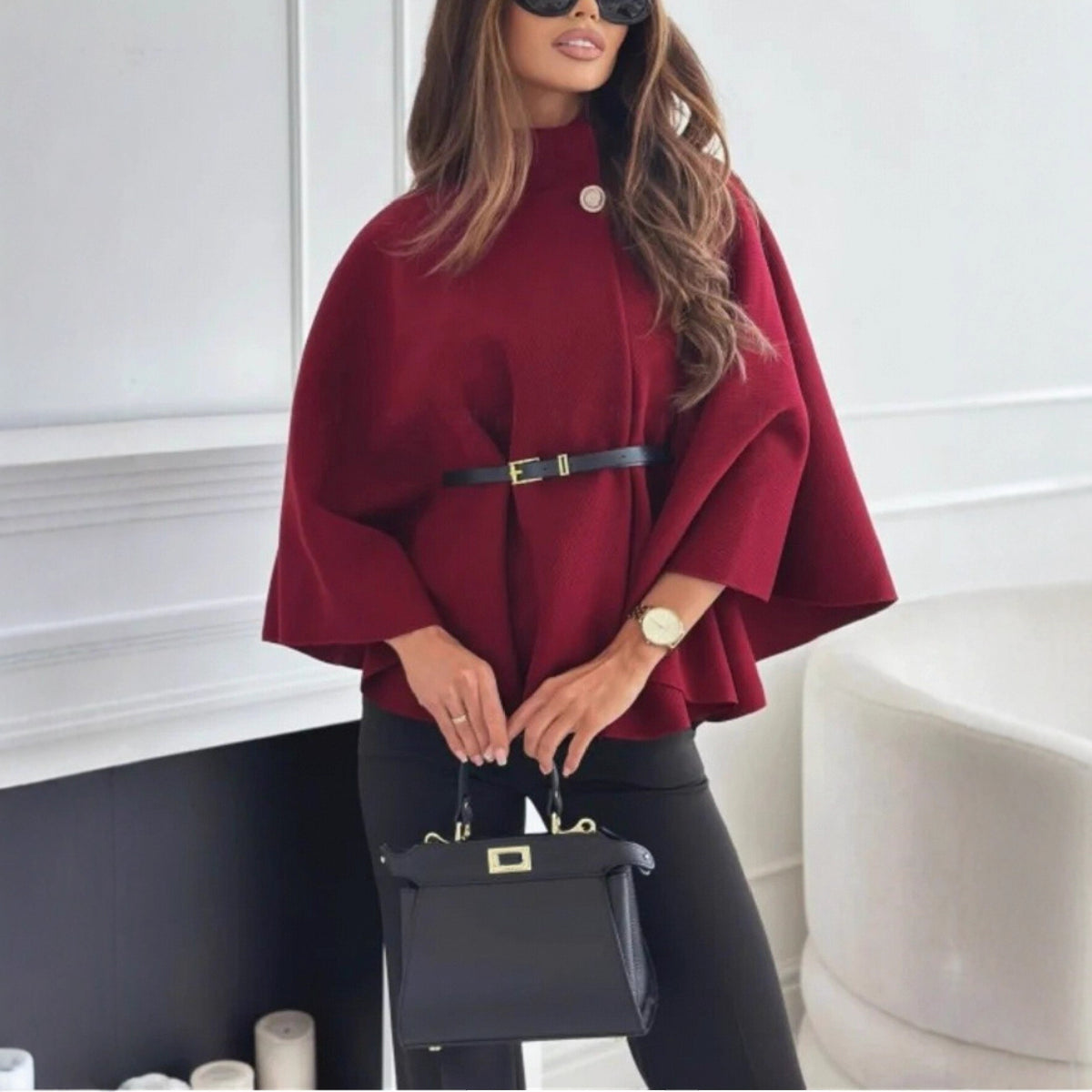 Stand Collar Batwing Sleeves Cloak Top With Belt Ins Fashion Temperament Jacket Woolen Sweater Outwear For Women Clothing - Rockint