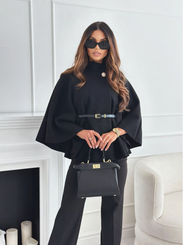 Stand Collar Batwing Sleeves Cloak Top With Belt Ins Fashion Temperament Jacket Woolen Sweater Outwear For Women Clothing - Rockint