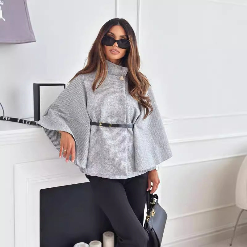 Stand Collar Batwing Sleeves Cloak Top With Belt Ins Fashion Temperament Jacket Woolen Sweater Outwear For Women Clothing - Rockint