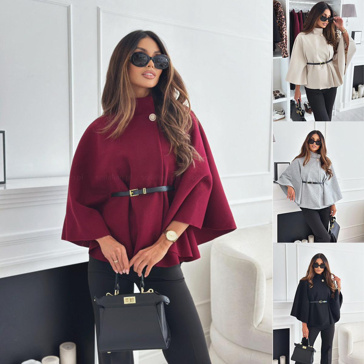 Stand Collar Batwing Sleeves Cloak Top With Belt Ins Fashion Temperament Jacket Woolen Sweater Outwear For Women Clothing - Rockint