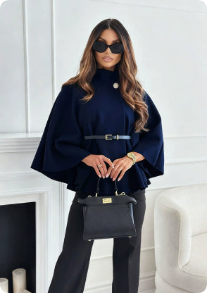 Stand Collar Batwing Sleeves Cloak Top With Belt Ins Fashion Temperament Jacket Woolen Sweater Outwear For Women Clothing - Rockint