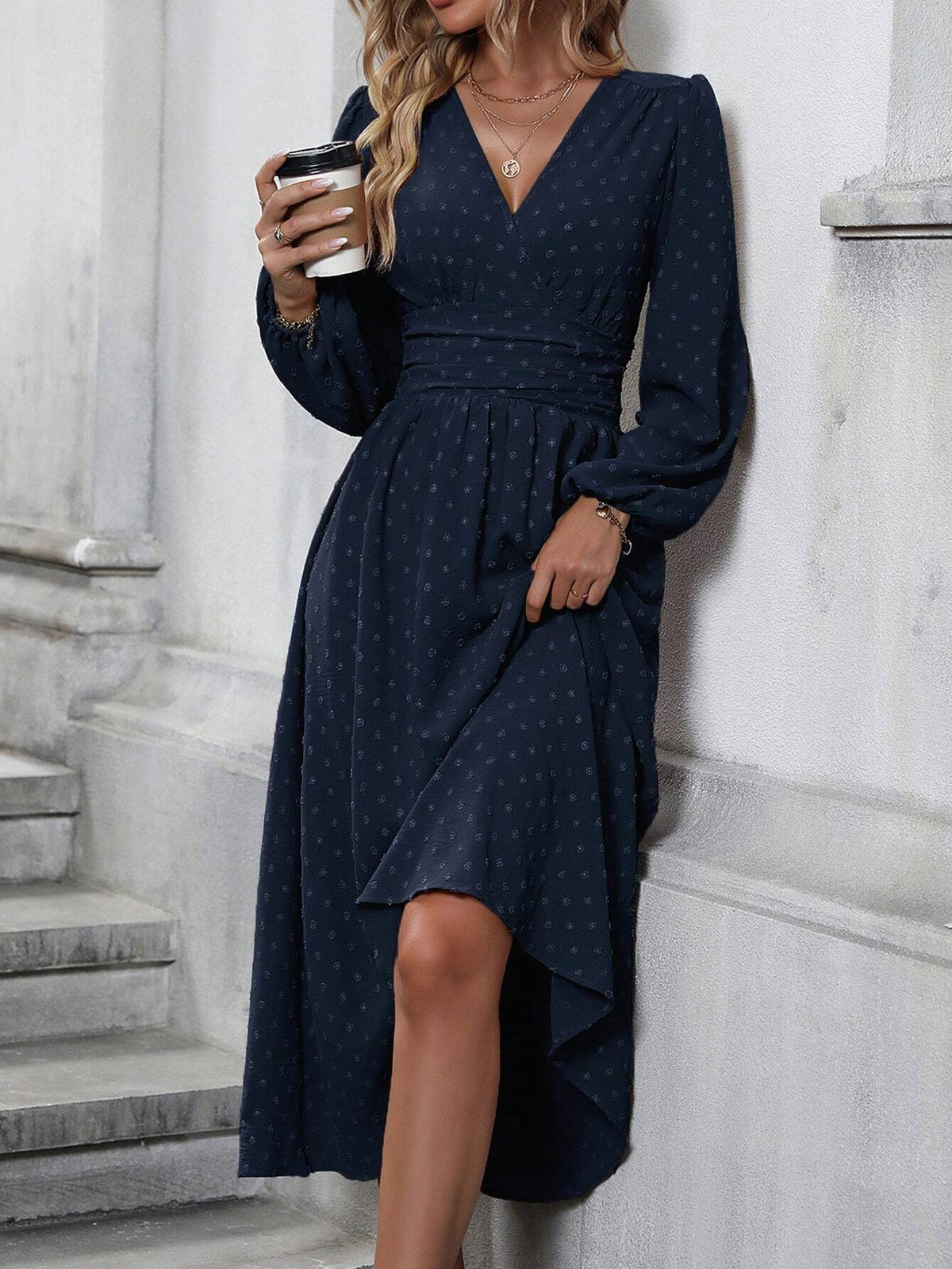 diagonal collar lantern sleeve pleated waist dress
