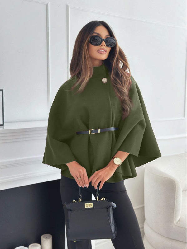 Stand Collar Batwing Sleeves Cloak Top With Belt Ins Fashion Temperament Jacket Woolen Sweater Outwear For Women Clothing - Rockint