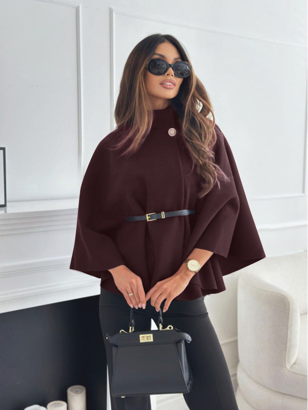 Stand Collar Batwing Sleeves Cloak Top With Belt Ins Fashion Temperament Jacket Woolen Sweater Outwear For Women Clothing - Rockint