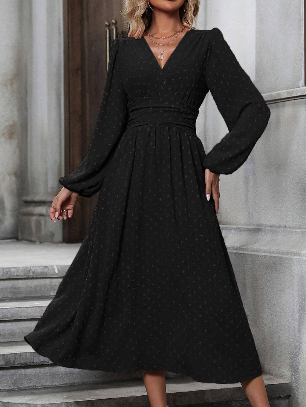 diagonal collar lantern sleeve pleated waist dress