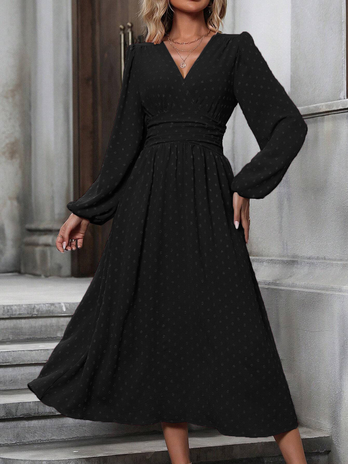 diagonal collar lantern sleeve pleated waist dress