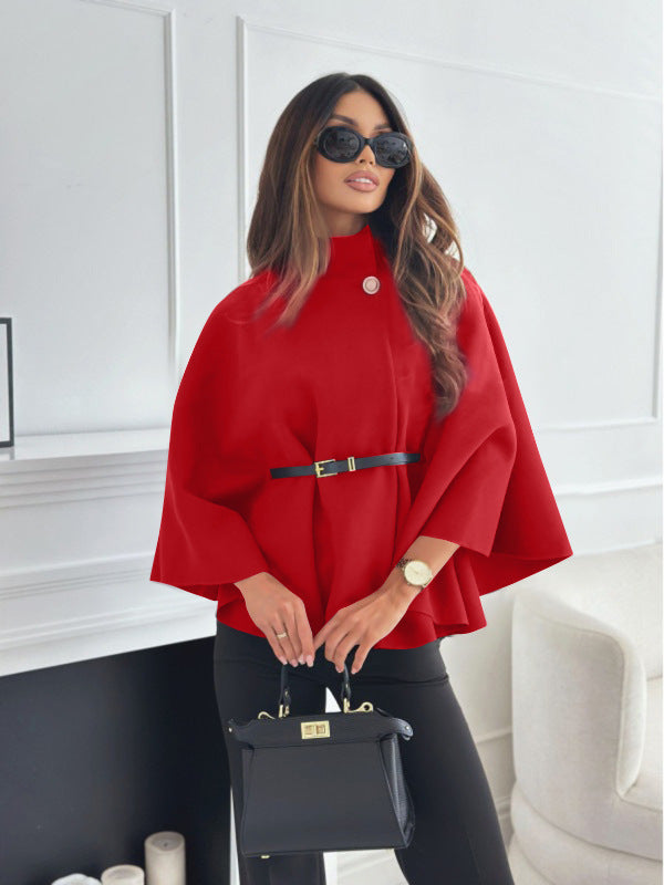 Stand Collar Batwing Sleeves Cloak Top With Belt Ins Fashion Temperament Jacket Woolen Sweater Outwear For Women Clothing - Rockint