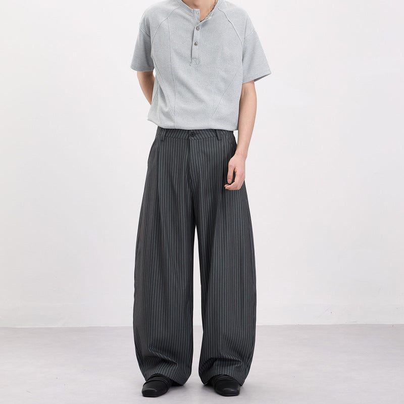 Retro Pleated Striped Baggy Wide Leg Trousers