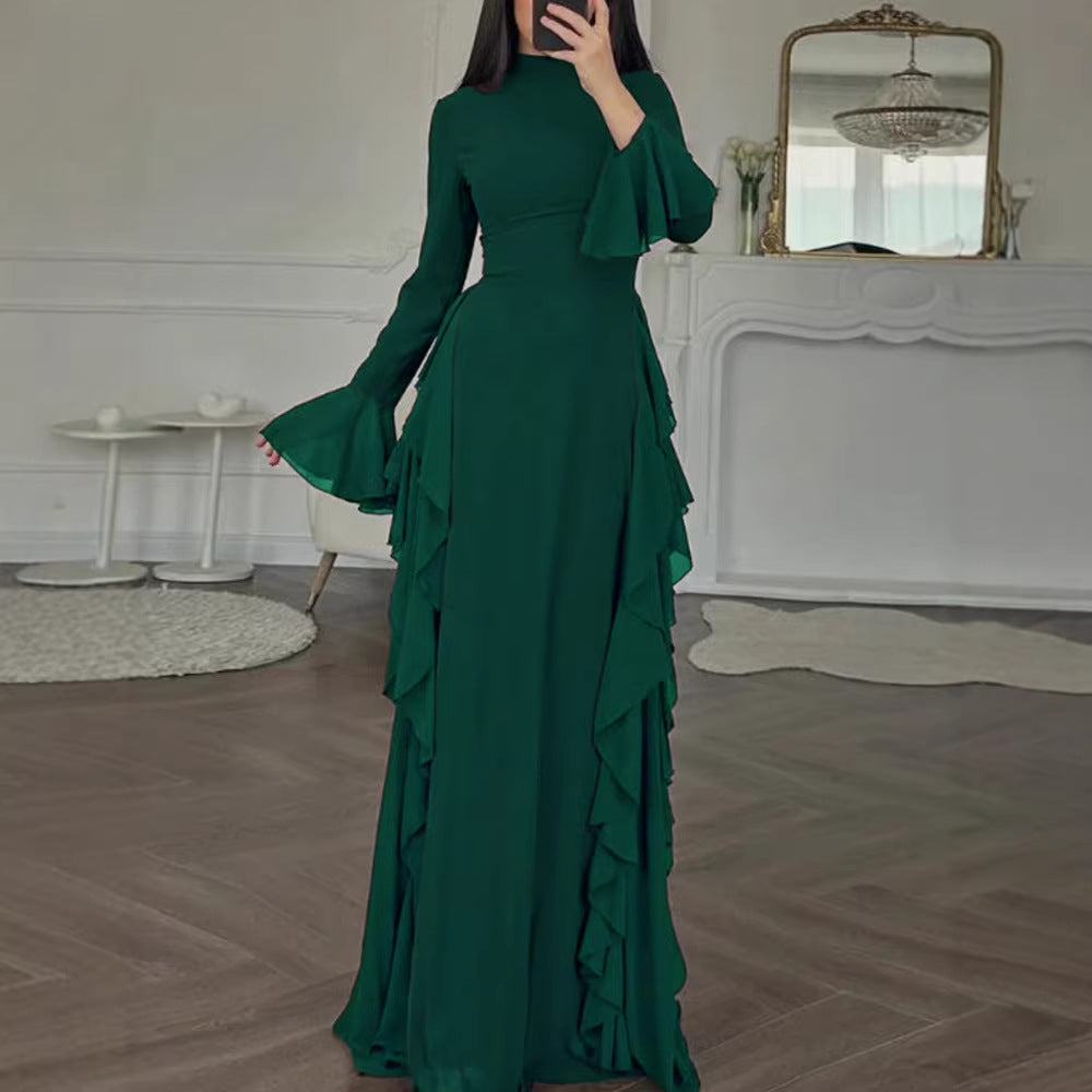 Elegant Casual High-Waisted Solid-Color Flare-Sleeve Dress For Party Outfits - Rockint