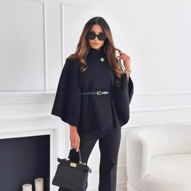 Stand Collar Batwing Sleeves Cloak Top With Belt Ins Fashion Temperament Jacket Woolen Sweater Outwear For Women Clothing - Rockint