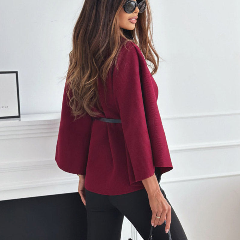 Stand Collar Batwing Sleeves Cloak Top With Belt Ins Fashion Temperament Jacket Woolen Sweater Outwear For Women Clothing - Rockint