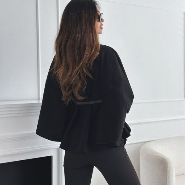 Stand Collar Batwing Sleeves Cloak Top With Belt Ins Fashion Temperament Jacket Woolen Sweater Outwear For Women Clothing - Rockint