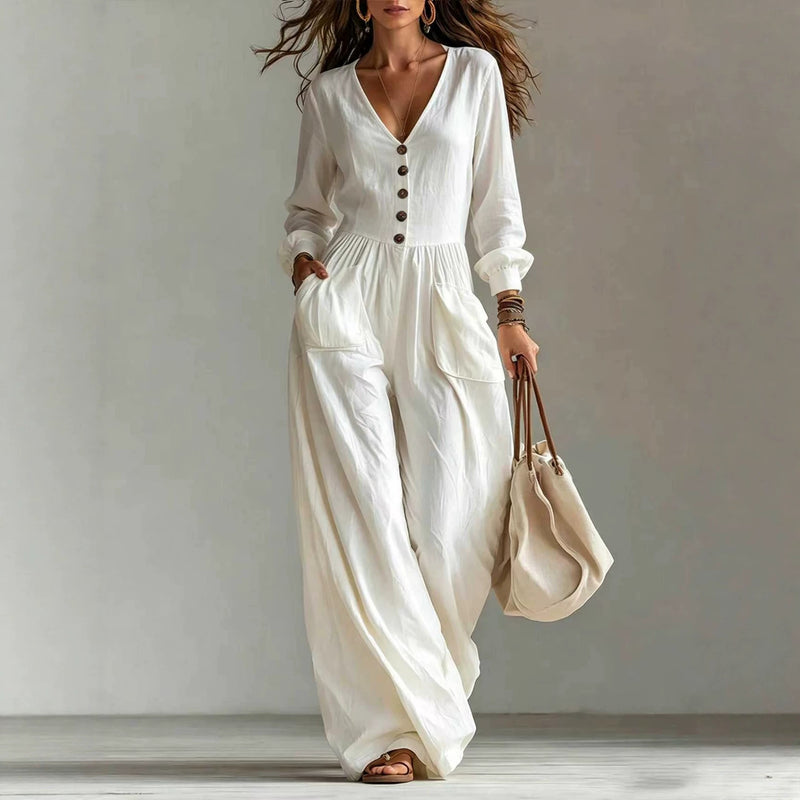 Casual V-neck Long-sleeve Jumpsuit with Pockets