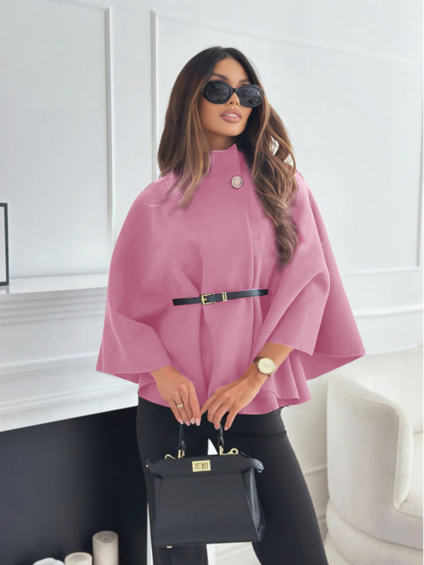 Stand Collar Batwing Sleeves Cloak Top With Belt Ins Fashion Temperament Jacket Woolen Sweater Outwear For Women Clothing - Rockint