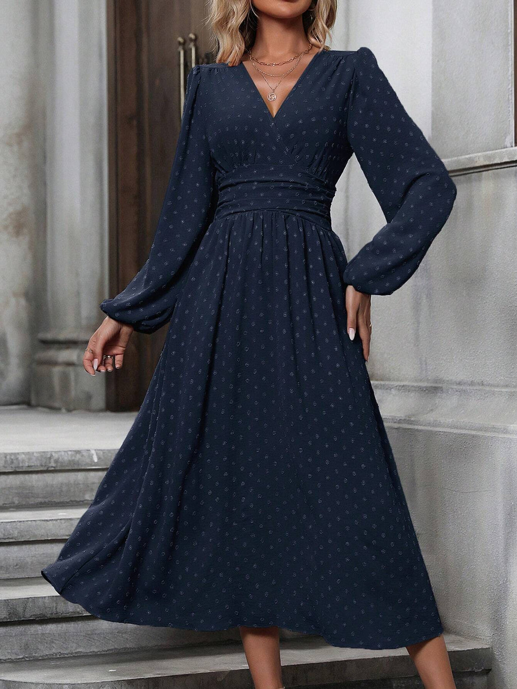 diagonal collar lantern sleeve pleated waist dress