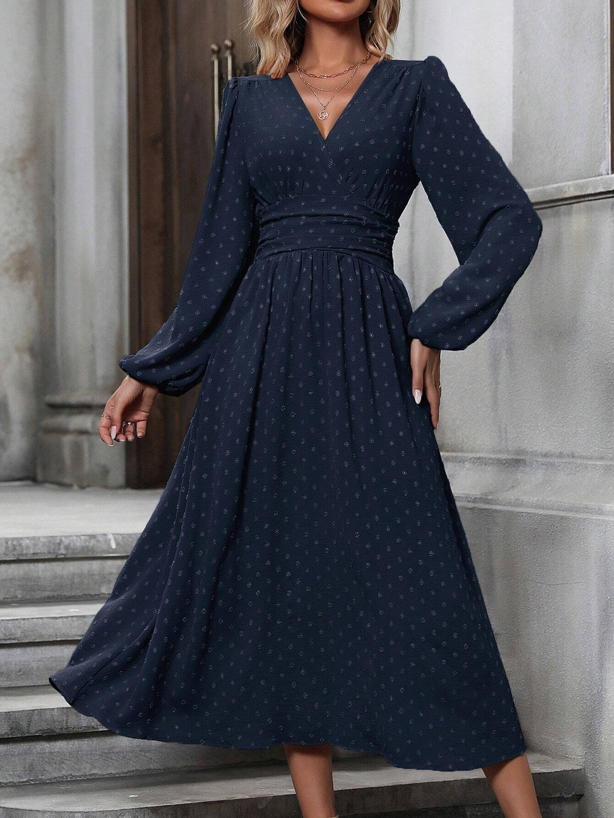 diagonal collar lantern sleeve pleated waist dress