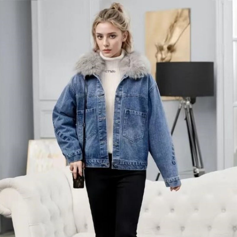 Fleece Lined Denim Jacket Women Warm Winter Faux Fur Collar Oversized Jean Jacket US Ready Stock