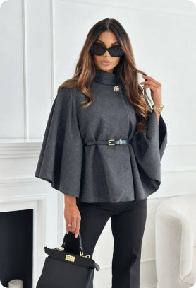 Stand Collar Batwing Sleeves Cloak Top With Belt Ins Fashion Temperament Jacket Woolen Sweater Outwear For Women Clothing - Rockint
