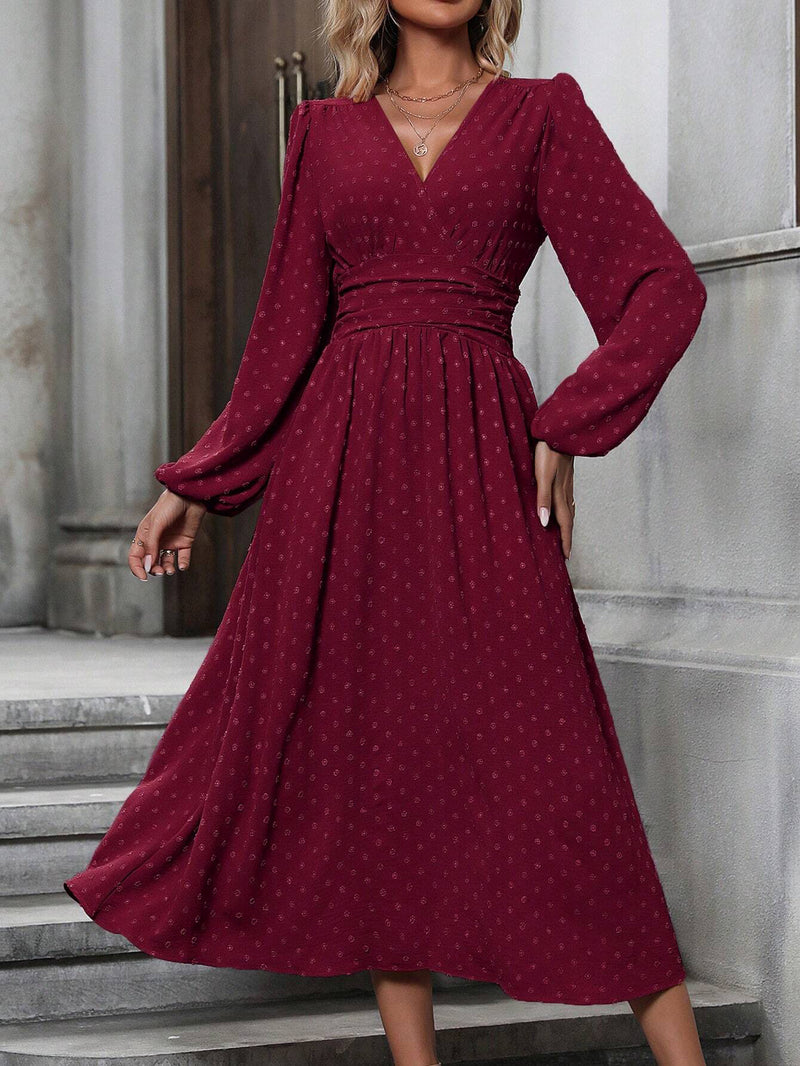diagonal collar lantern sleeve pleated waist dress