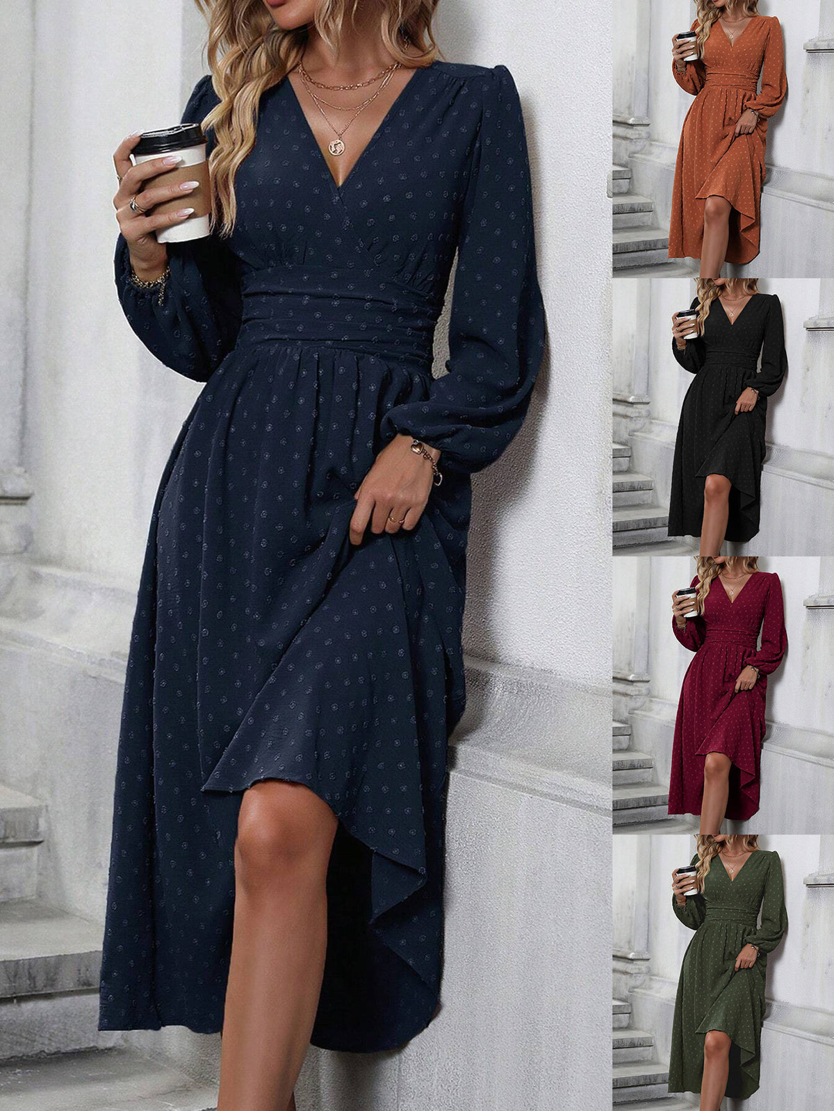 diagonal collar lantern sleeve pleated waist dress