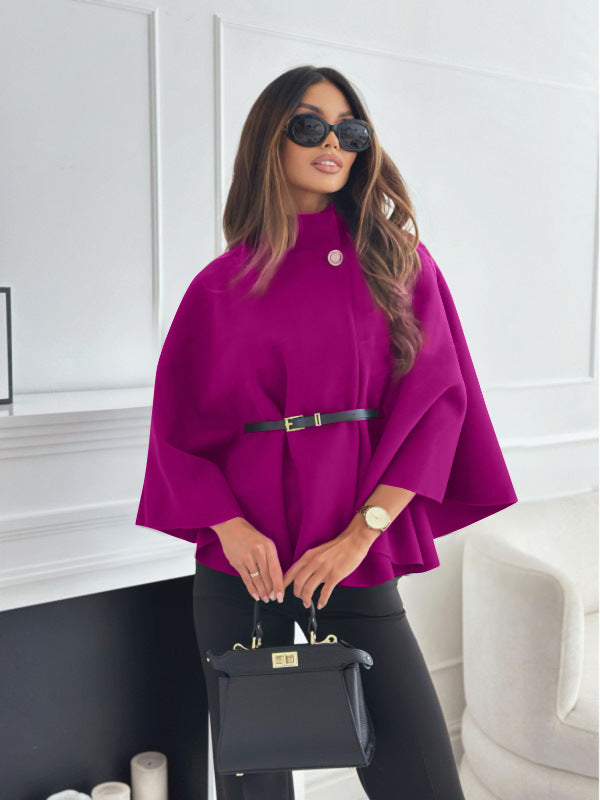 Stand Collar Batwing Sleeves Cloak Top With Belt Ins Fashion Temperament Jacket Woolen Sweater Outwear For Women Clothing - Rockint