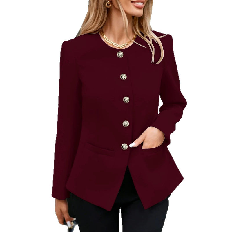 Elegant Round-neck Buttoned-pocket Coat