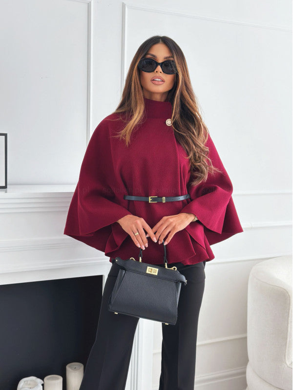 Stand Collar Batwing Sleeves Cloak Top With Belt Ins Fashion Temperament Jacket Woolen Sweater Outwear For Women Clothing - Rockint
