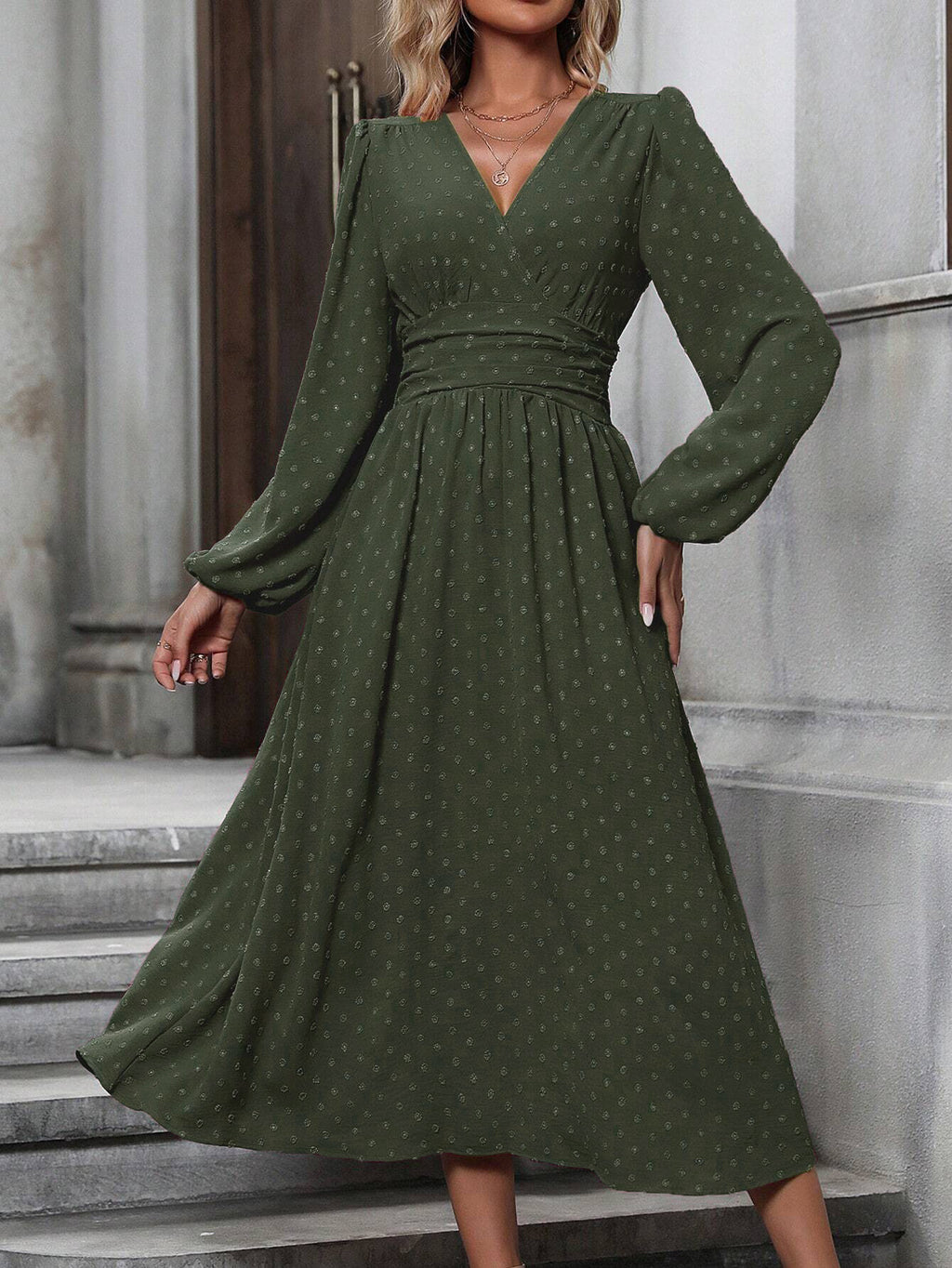 diagonal collar lantern sleeve pleated waist dress
