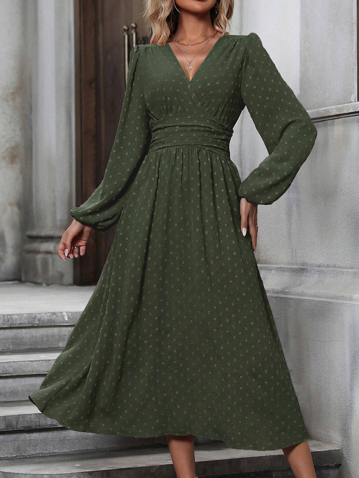 diagonal collar lantern sleeve pleated waist dress