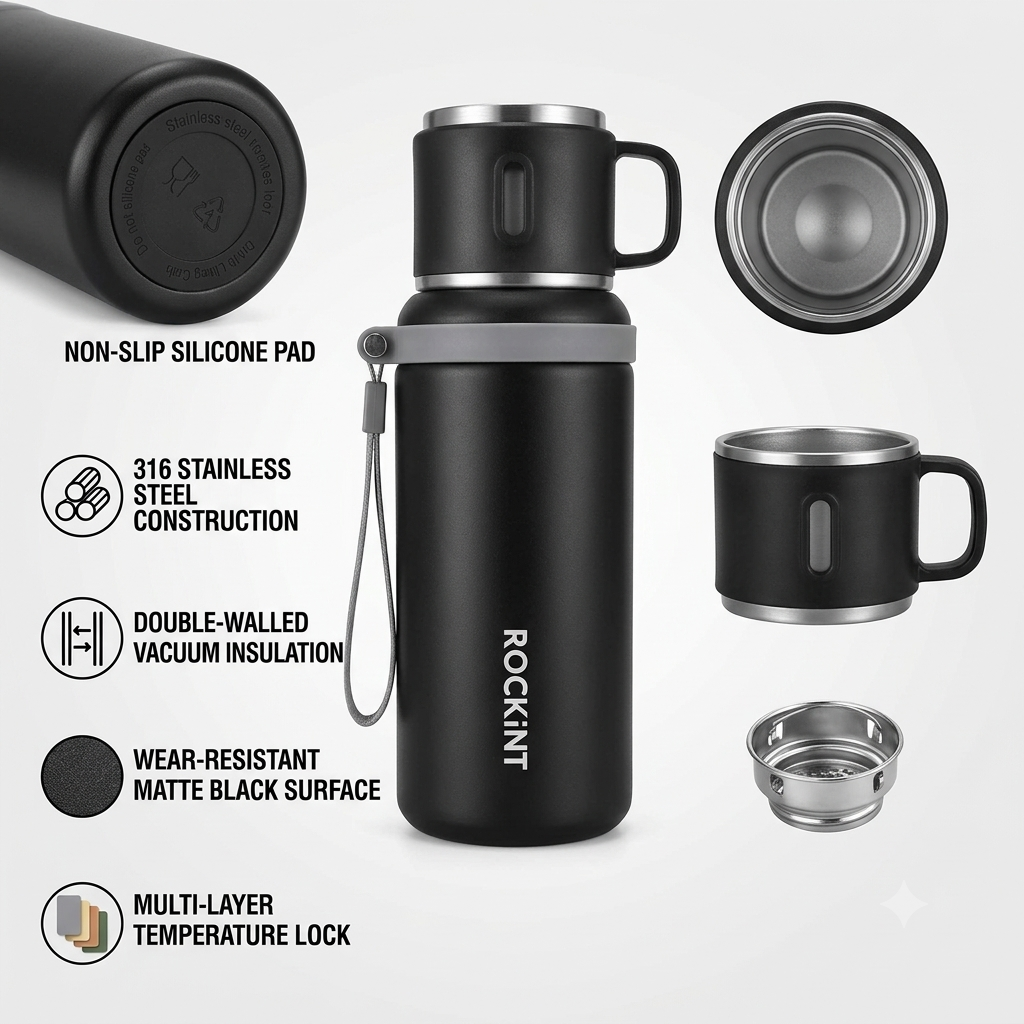 Stainless Steel 800ml Bottle with Drinker Cup, Black